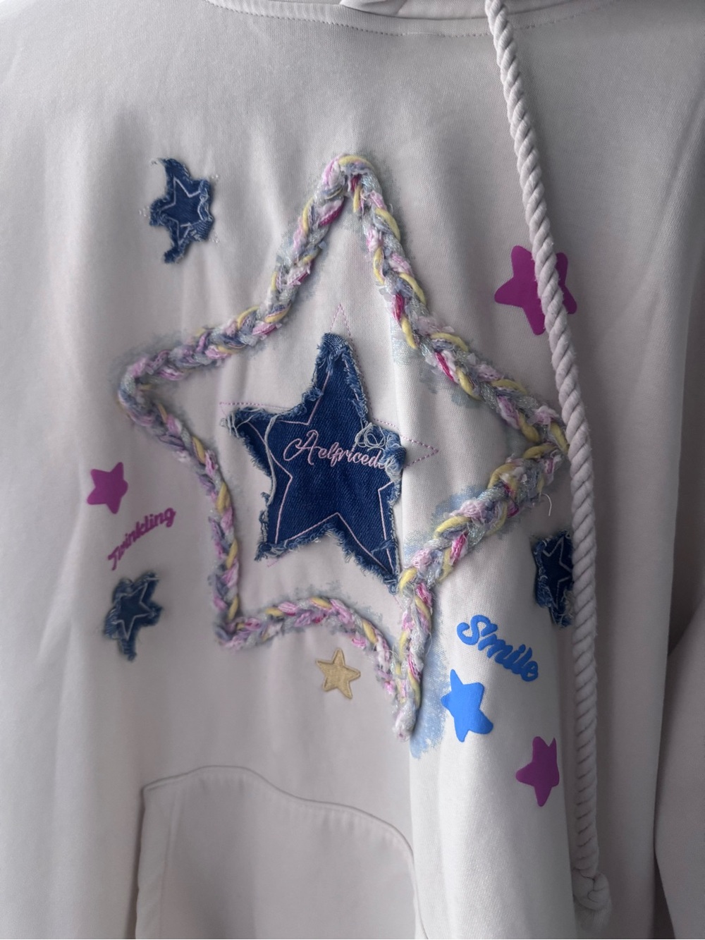 Aelfric Eden White Hoodie with Multicolor Braided Star Trim